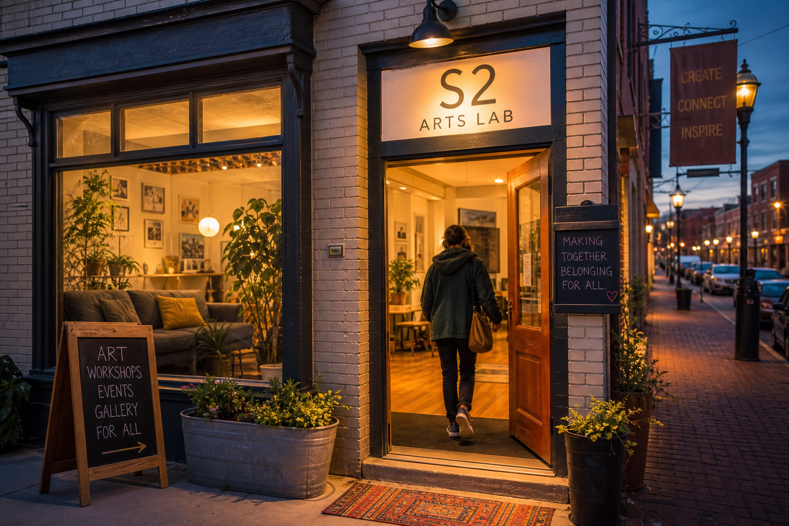 S² Arts Lab storefront at dusk — warm open door, workshops and belonging